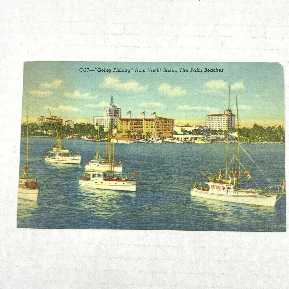 Vintage‎ Postcard Going Fishing Yacht Basin West Palm Beach Curteich Florida USA